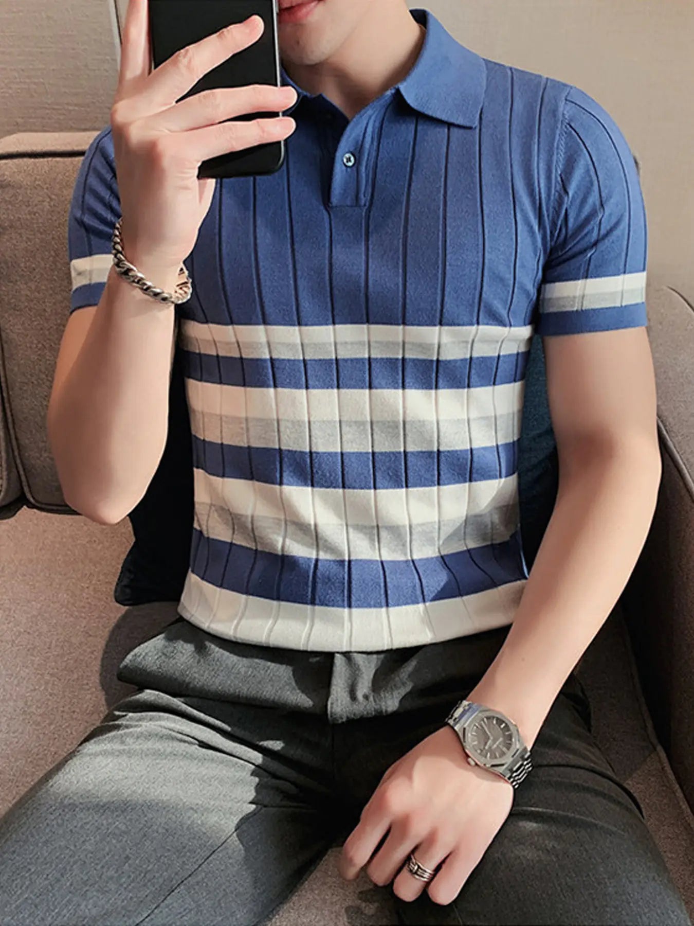 Price: $68.5CAD. 2023 Men's Short Sleeve Business Polo Shirt - Cool Striped